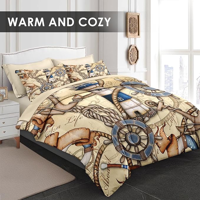 Comforter Set Twin Size, Retro Nautical Lighthouse Map 5 Pcs Bedding for Kids and Adults, Vintage Anchor Beige Bed Sheet Sets with Fitted Sheet Pillowcase & Sham for Bedroom Bed Decor
