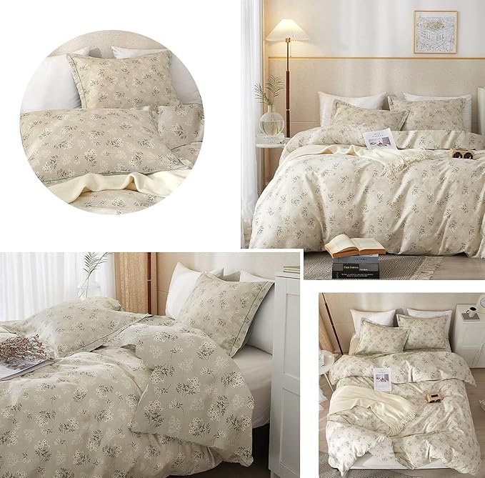 LifeTB Boho Floral Comforter Set Full Size Vintage Style Floral Bedding Comforter with 2 Pillowcases Garden Flower Leaves Botanical Comforter Set Soft Fluffy 3 Pieces Bedding Set for Girls Women