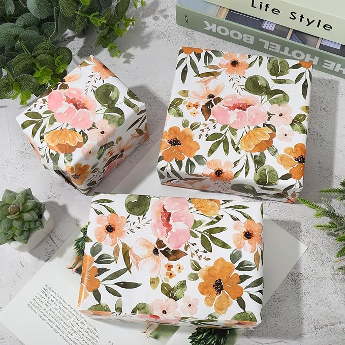 JarThenaAMCS Boho Floral Wrapping Paper Roll 16.9 In x 32.8Ft Spring Flower Gift Wrap Paper Watercolor Decorative Art Paper for Wedding Baby Shower Birthday Gift Packing Supplies