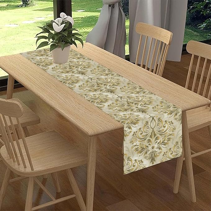 Damask Table Runner, Vintage Traditional Farmhouse Boho Floral Linen Coffee Table Center Decor for Family Kitchen Farmhouse Holiday Party Table Decorations Indoor Outdoor 13x72 inch