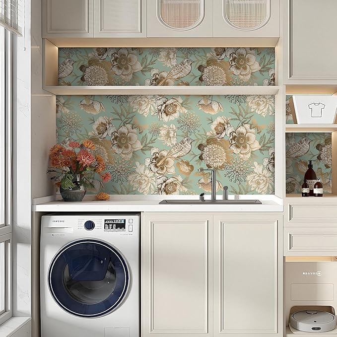 Decotalk Peel and Stick Floral Wallpaper Green Floral Flower Wallpaper Removable17.5x354 Inch Floral Wallpaper for Bedroom Bathroom Wall Green and Gold Vintage Floral Wallpaper Contact Paper Floral