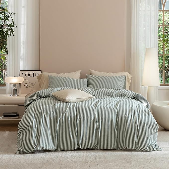 JIYUAN 100% Washed Cotton Striped Duvet Cover Set 3 Pieces King, 1 Duvet Cover and 2 Pillowcases(Comforter Not Included),Linen Like Bedding Set Comfy and Breathable,Pinstripes-Heathered Green White