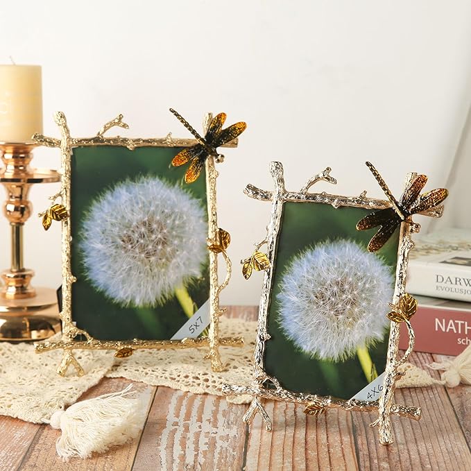 5x7 Picture Frame Dragonfly Ornament Gifts for Women Men Vintage Decor Ornate Antique Photo Frame with Glass Front Metal Brass Art Table Top Decor for Birthday