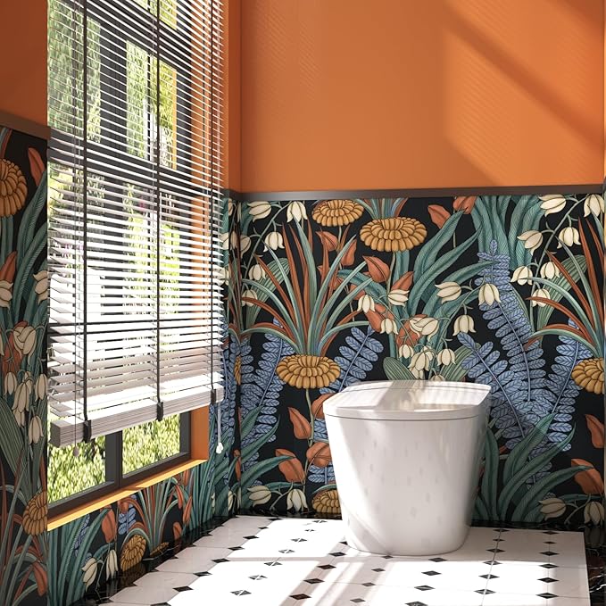 Boho Floral Wallpaper Peel and Stick, Vintage Botanical Wall Paper, Self Adhesive Wall Mural 17.5" x 78.7" Tropical Retro Contact Paper Waterproof for Bedroom Walls Cabinet (Black, Orange, Blue)