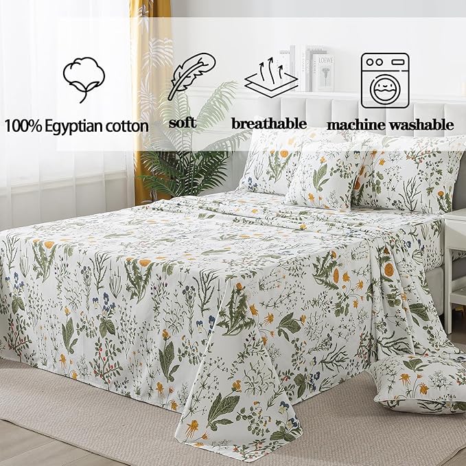FADFAY 100% Egyptian Cotton Sheets Full Botanical Printed Floral Sheets Yellow Flowers & Leaves Pattern Farmhouse Bedding Soft and Breathable French Country Bedding 4Pcs Deep Pocket Full Sheet Set