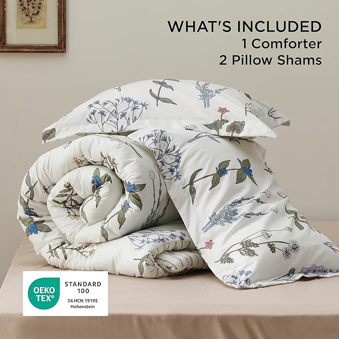 Bedsure Comforter Set Queen Size - Cute Floral Bedding Comforter Set, 3 Pieces, 1 Soft Reversible Coconut White Botanical Flowers Comforter and 2 Pillow Shams
