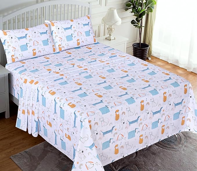 RUVANTI 100% Cotton Sheets Queen Size Set, 4 Pieces, Soft & Breathable Percale Weave Bedding, Deep Pocket 16", Hotel Standard, Crisp Cool Feeling, Durable, Perfect Floral Bed Sheet, Puppy Me