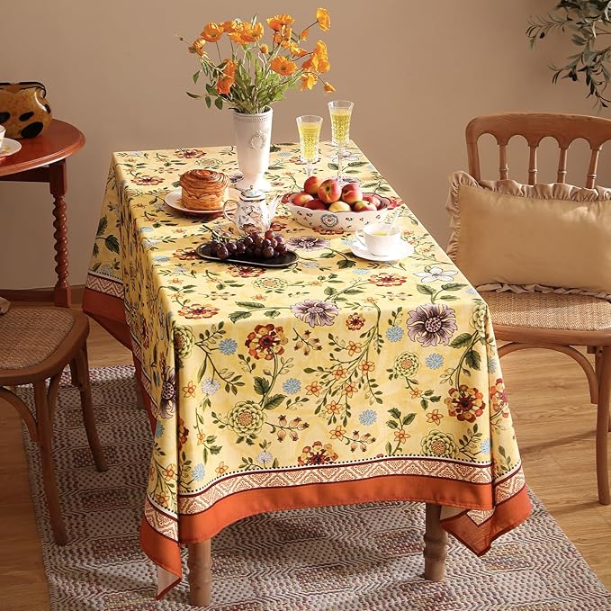 Vintage Linen Small Tablecloth for Rectangle Table,Yellow Floral French Wrinkle Free Tablecloths,Decorative Table Cover for Kitchen,Dining,Thanksgiving,Farmhouse,55" × 71"-Bellano