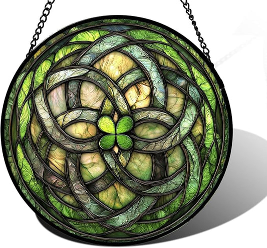 Stained Glass Window Hanging, Abstract Green Clover Sun Catchers Colorful Glass Panel Bless Suncatcher Decor for Birthday for Women, Men, Wife, Aunt, and Mom 9.8 in