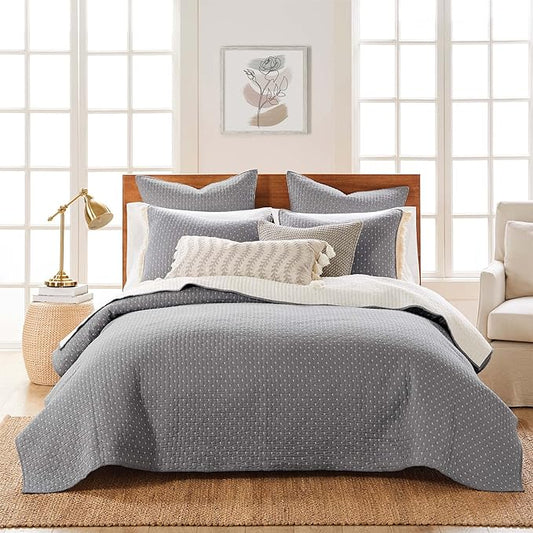 Levtex Home Cross Stitch Reversible King/Cal King Quilt Set (106x92in) and 2 Pillow Shams (36x20in) - Stitch Texture - Grey White - Cotton King Size Quilt Bedding Set - Lightweight Soft Pre-Washed