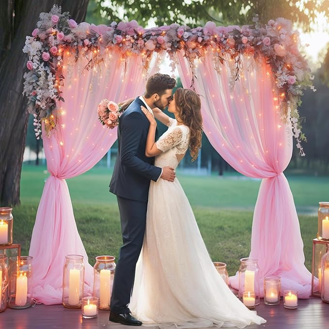 20x10ft Baby Pink Tulle Backdrop Curtain with Lights String for Parites, Sheer Backdrop Curtains for Wedding Baby Shower Birthday Party Photo Shoot Decorations