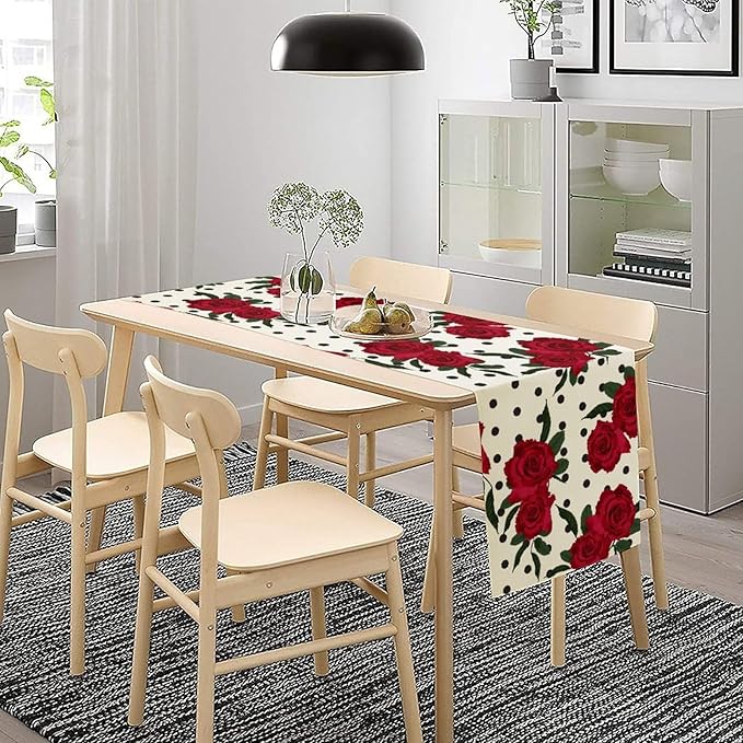 Red Rose Print Table Runner, Romantic Valentines Vintage Rose Spring Summer Dinner Runner Table Decoration for Home Kitchen Dining Holiday Wedding Party 13x60in