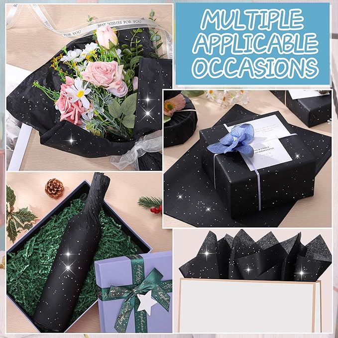woric 135 Sheets Black Tissue Paper for Gift Bags 20 x 14 Inch Glitter Tissue Paper Bulk with Sparkle for Gift Wrap Crafts DIY Project Birthday Christmas Decor
