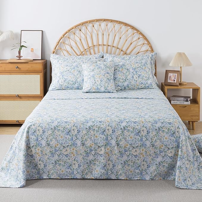 FADFAY 100% Cotton Full Bed Sheet Set, 4 Piece Blue Yellow Rose Floral Bedding, Soft Breathable Cooling Sheets with Deep Pocket Fitted Sheet, Flat Sheet & 2 Pillowcases, Vintage Farmhouse Sheets