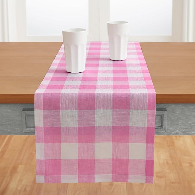 Solino Home Linen Checkered Table Runners 90 Inches Long - 100% Pure Linen Pink Begonia Buffalo Check Table Runner 14 x 90 Inch Ideal for Dining, Valentines, Spring, Easter