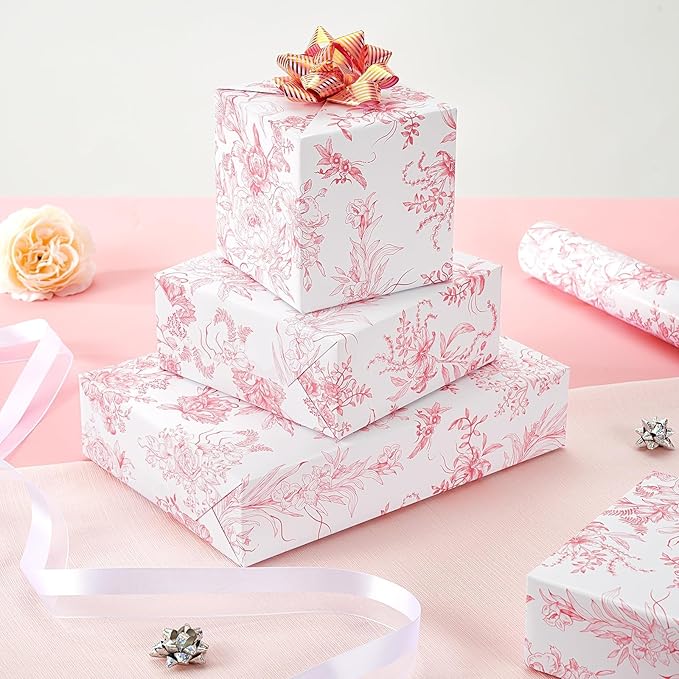 WERNNSAI Pink Flower Gift Wrapping Paper Roll - 1 Roll 17”x 33 ft Pink Vintage Floral Wrapping Paper Bridal Shower Wedding Wrap Supply Baby Shower Wrapping Paper for Girls Birthday