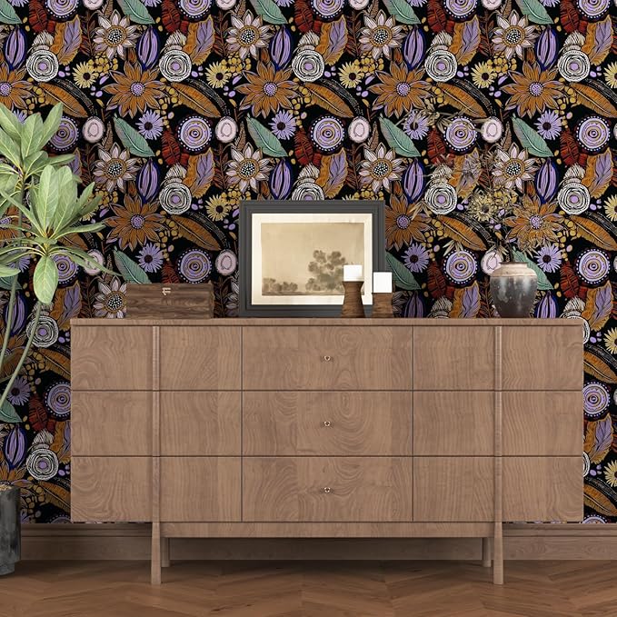 Dark Boho Wallpaper Peel and Stick,Vintage Black Yellow Purple Floral Contact Paper, Botanical Flowers Retro Wall Paper Self Adhesive Removable Waterproof for Walls Shelves Cabinet Table 17.5" x 118"