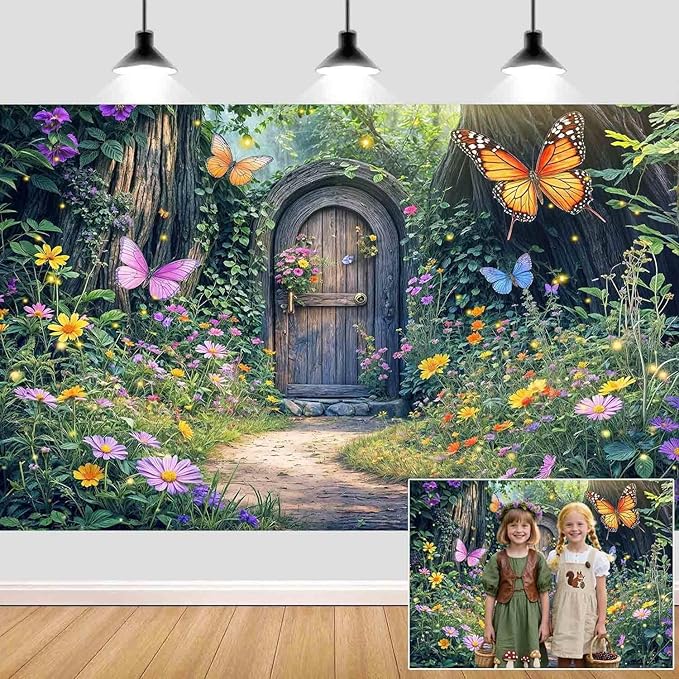 7X5ft Enchanted Forest Backdrop Fairy Enchanted Wonderland Garden Wooden Door Floral Butterfly Photography Background for Kids Girls Baby Shower Birthday Party Decoration Banner Booth Props