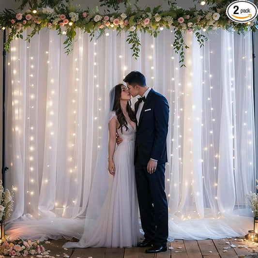 White Tulle Backdrop Curtain with Lights String, 10ft x 10ft for Weddings Baby Showers Birthday Parties, Sheer Wrinkle Free Backdrop, Easy to Install Photo Booth Background Decorations