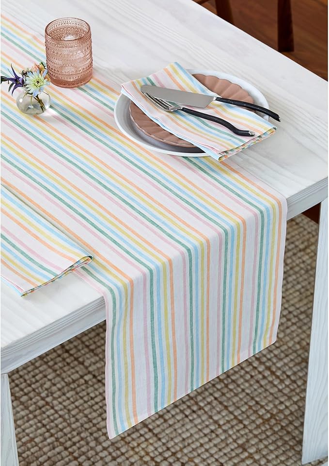 Solino Home Striped Linen Table Runner 108 Inches Long - Julia 100% Pure Linen Multicolor Muted Pastel Stripe Dining Table Runner 14 x 108 Inch for Spring, Easter