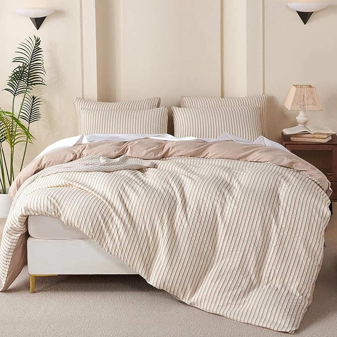 Striped Duvet Cover Queen Beige Washed Microfiber Jacquard 3 Pieces Bedding Set, White Beige Vertical Ticking Stripes Pattern Comforter Cover with Zipper Closure Breathable Durable Soft Comfy