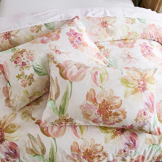 100% Cotton Duvet Cover Set Queen Size – Pink Watercolor Floral Bedding with Zipper Closure, 3-Piece Silky Soft Botanical Comforter Cover with 2 Pillowcases