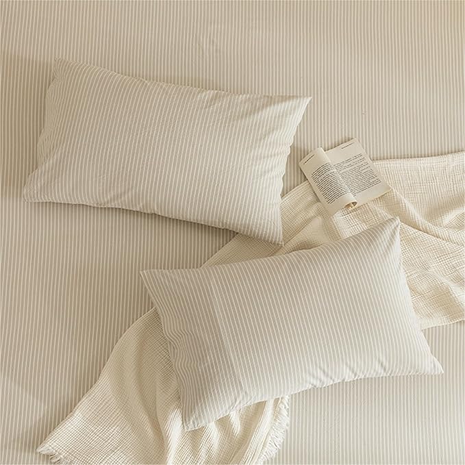 JIYUAN 100% Washed Cotton Striped Duvet Cover Set 3 Pieces King, 1 Duvet Cover and 2 Pillowcases(Comforter Not Included),Linen Like Bedding Set Comfy and Breathable,Pinstripes-Heathered Beige White