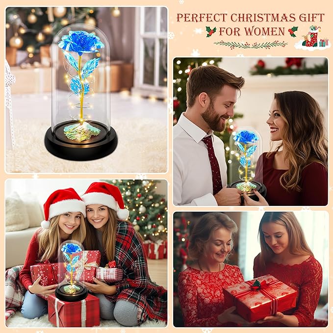 Childom Christmas Rose Gifts for Women,Birthday Gifts for Women Mom Christmas,Flowers for Delivery Prime,Blue Light Up Rose in A Glass Dome,Anniversary Rose Gift for Her Grandma Valentines Day