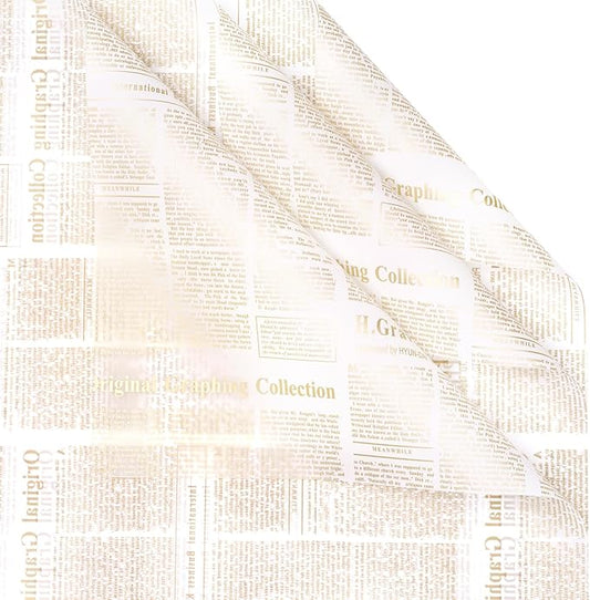 LeZakaa 20 Sheets Newsprint Flower Wrapping Paper, Waterproof Floral Bouquet Paper, White & Gold Newsprint Design for Valentine's Day, Mother's Day, Birthday Party, Bridal Shower, Wedding, Baby Shower