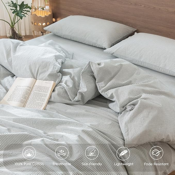 MooMee Striped Duvet Cover Set 100% Washed Cotton Linen Like Textured Breathable Durable Soft Comfy (Heathered Green Pinstripes, Super Queen 90"x98")