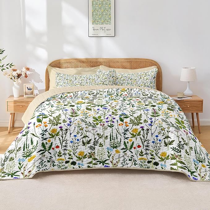 Quilt Set Full/Queen Size, Garden Floral 3 Pcs Soft Bed Cover Bedding Set, Country Rustic Farmhouse Lightweight Bedspread Coverlet with 2 Pillow Sham for All Season