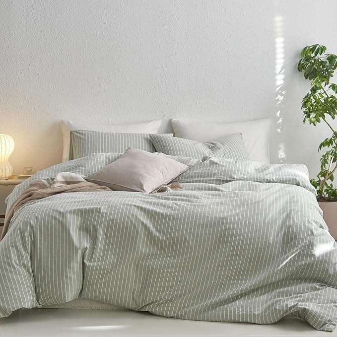 MooMee Striped Duvet Cover Set 100% Washed Cotton Linen Like Textured Breathable Durable Soft Comfy (Sage Green White Wide Stripes, Palatial King/Oversized King 120"x98")