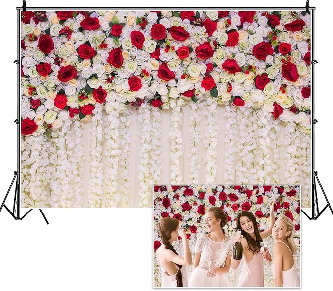 12x6ft Flower Wall Wedding Backdrop White Red Roses Romantic Spring Blooming Floral Photo Background for Valentine's Day Bridal Shower Mothers Day Birthday Newborn Decorations Photo Props