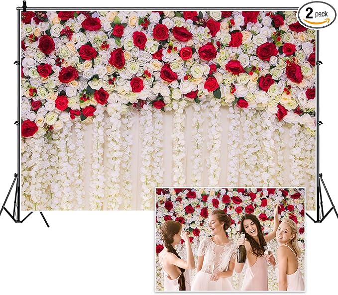 15x8ft Flower Wall Wedding Backdrop White Red Roses Romantic Spring Blooming Floral Photo Background for Valentine's Day Bridal Shower Mothers Day Birthday Newborn Decorations Photo Props