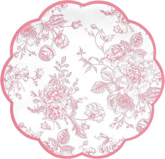 Pink Floral Party Plates Vintage Floral Leaf Disposable Paper Plates Wildflower Pink Toile 7" Scalloped Rim Dessert Plates for Valentines Birthday Bridal Tea Party Supplies (24)