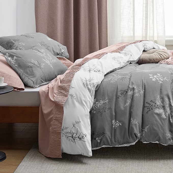 Bedsure Duvet Cover Queen Size - Reversible Floral Duvet Cover Set with Zipper Closure, 3 Pieces Grey Bedding Set with 8 Corner Ties and 2 Pillowcases 20"x26"
