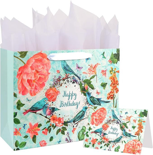 ASYEHJNR 13" Large Size Happy Birthday Gift Bag Teal Happy Birthday Sign with Birds Butterflies Floral Flower Pattern Retro Gift Bag with Greeting Card and Tissue Paper and Handle Ribbon for Girls Women Bday