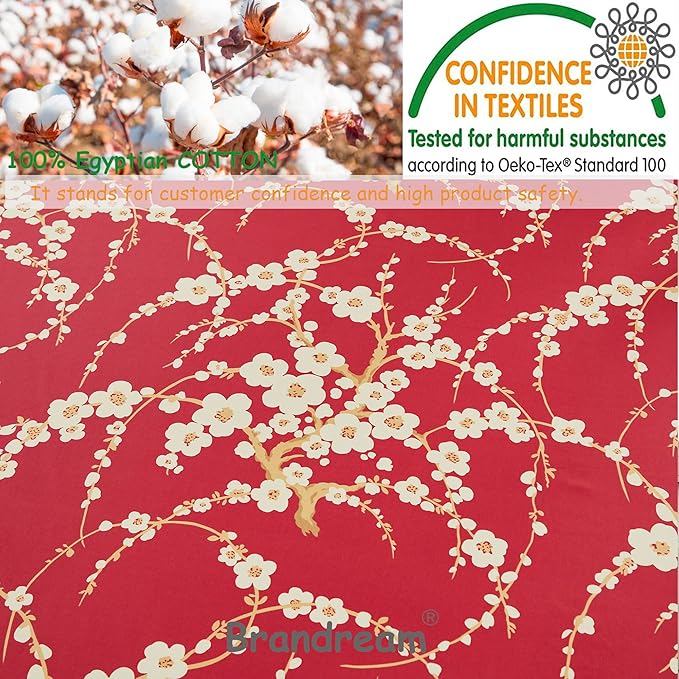 Brandream Floral Sheet Set King Size Japanese Oriental Style Cherry Red Blossom Flower Branches Print Chinoiserie Bedding Pillowcases Set 800TC Egyptian Cotton Sateen Botanical Tree Deep Pocket, 4 Pcs