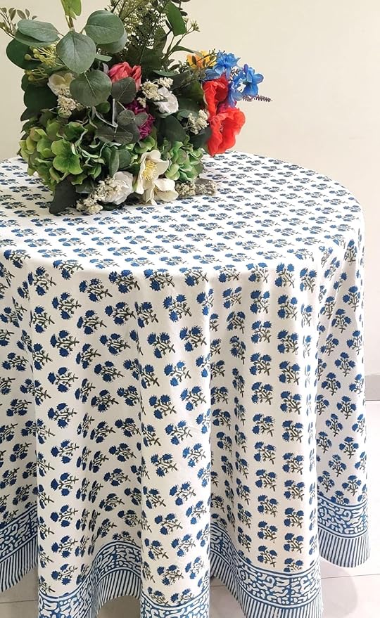ATOSII Gulbahar Blue 100% Cotton Fall Round Tablecloth, Handblock Print Floral Table Cloth for Kitchen Dining Linen I Thanksgiving, Christmas, Weddings, Outdoors, Parties I 90" Inches Diameter
