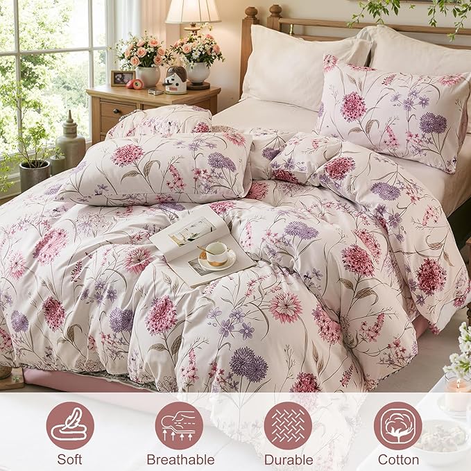 Bedding_Dreamer Queen Floral Comforter Set 100% Cotton Comforter 3 Pcs Red Pink Flower Bedding Set Lightweight Soft Reversible Bedding for All Season