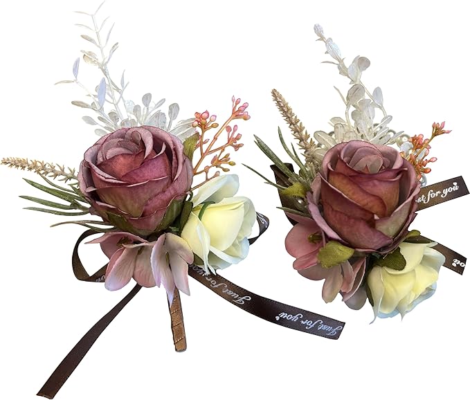 Corsage and Boutonniere Set Corsage Wistlet Dusty Red Corsage Wrist Artificial Flower Perfert for Proms | Weddings for Bride,Bridesmaids, Groom,Groomsmen Decor (Dusty Red)