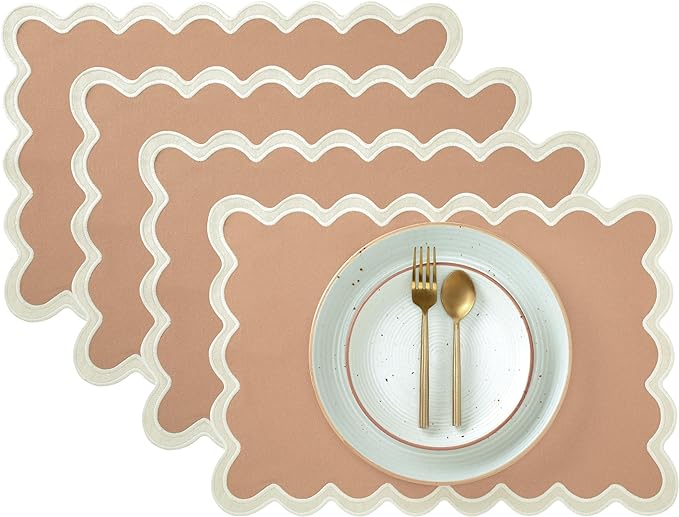 Folkulture Placemats Set of 4 | (13 x 19) 100% Cotton Rustic Place Mats | Heat Resistant Table Mats for Dining Table Decor | Boho Placemats, Scalloped Kitchen Mats or Table Placemats (Sand)