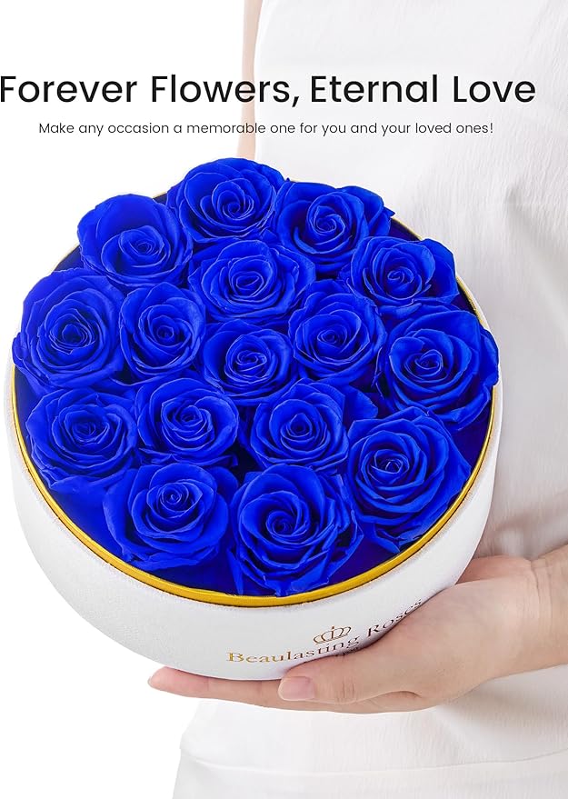 Preserved Roses Forever Flowers Real Roses in a Box Mother's Day Birthday Flowers for Her Mom Women Wife Valentine's Day, 16 Royal Blue Roses