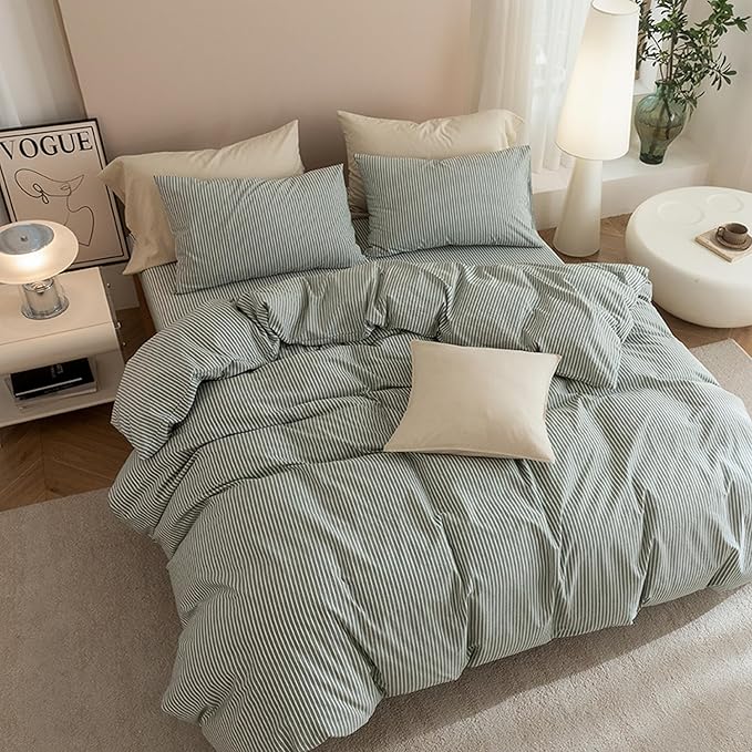 JIYUAN 100% Washed Cotton Striped Duvet Cover Set 3 Pieces King, 1 Duvet Cover and 2 Pillowcases(Comforter Not Included),Linen Like Bedding Set Comfy and Breathable,Pinstripes-Heathered Green White