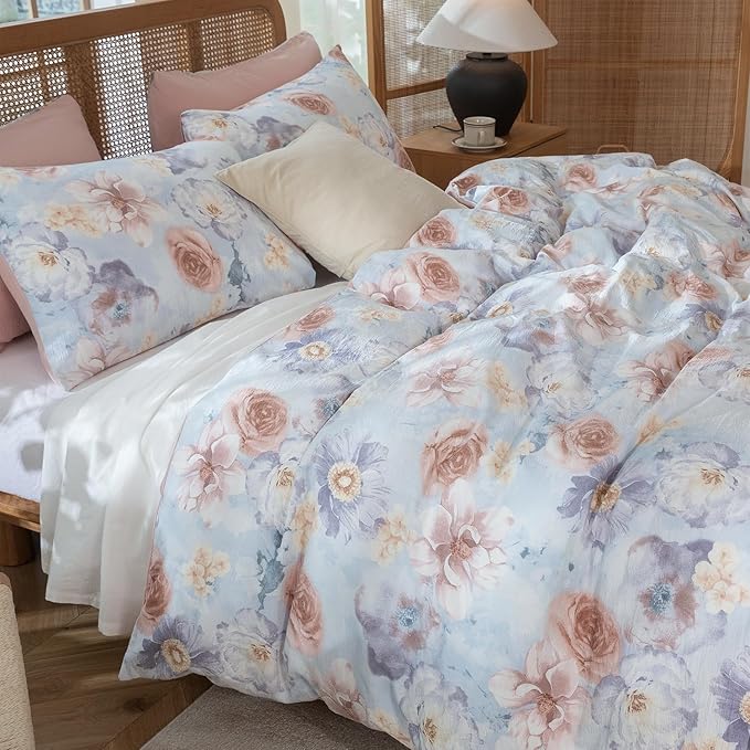 King Comforter Set Flowers 3 Pieces Soft Chic Crinkle Gauze Fabric Bedding, Garden Peony Floral Print Botanical Comforter for All Seasons Luxury Warmth Comfy Breathable with 2 Pillowcases