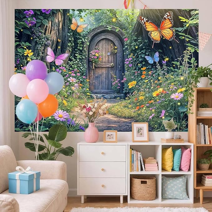 7X5ft Enchanted Forest Backdrop Fairy Enchanted Wonderland Garden Wooden Door Floral Butterfly Photography Background for Kids Girls Baby Shower Birthday Party Decoration Banner Booth Props