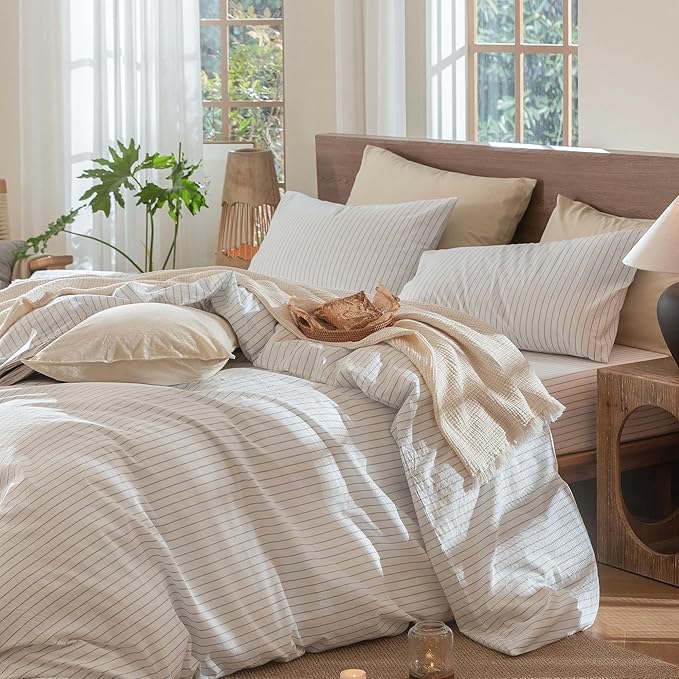 MooMee Striped Duvet Cover Set 100% Washed Cotton Linen Like Textured Breathable Durable Soft Comfy (White Cornflower Blue Wide Stripes, Super King 108"x98")