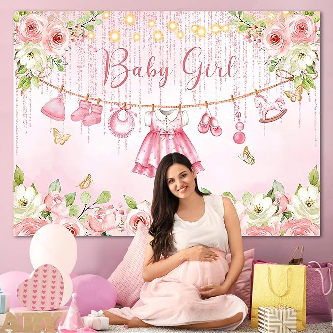Pink Floral Baby Girl Baby Shower Backdrop Decorations,Cute Clothes Its a Girl Banner Back drops Rose Gold Flower Photography Background for Baby Shower Party Supplies Photo Booth Props 10x7ft