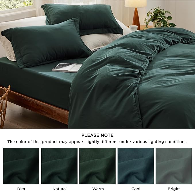 Bedsure Duvet Cover Queen Size with Fitted Sheet - 4 Pieces Prewashed Cotton-Like Extra Soft Bedding Set, Includes 1 Duvet Cover 90x90 Inches, 2 Pillow Shams, 1 Fitted Sheet, Forest Green