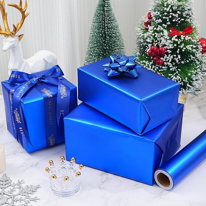 ZINTBIAL Metallic Blue Wrapping Paper Roll with Cut Lines - Solid Blue Holiday Gift Wrap for Graduation, Christmas, Birthdays, Baby Shower, Wedding - 17.5 in x 33 ft (48 sq. ft), Easy to Cut